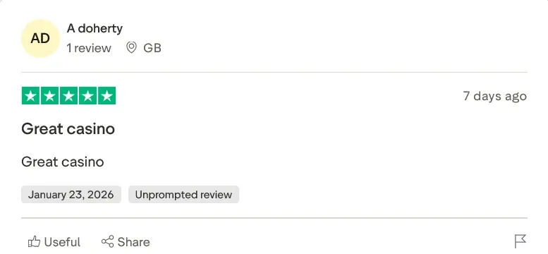 Verified 5-star rating and positive feedback from a satisfied player about their casino experience.